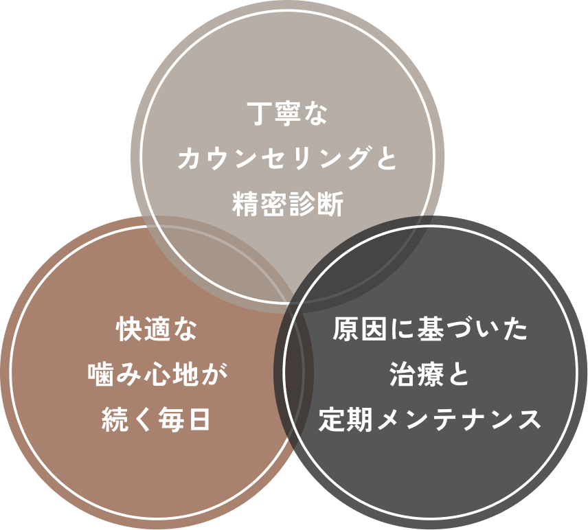丁寧なカウンセリングと精密診断　快適な嚙み心地が続く毎日　原因に基づいた治療と定期メンテナンス